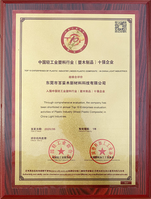 中國(guó)輕工業(yè)塑料行業(yè)（塑木制品）十強(qiáng)企業(yè)